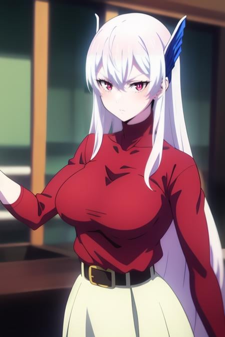 <lora:Kyouka Uzen:0.7> kyouka uzen, long_hair, 1girl, solo, white_hair, red_eyes, hair_between_eyes, large_breasts,     belt, white_skirt, red_shirt, sweater, looking at viewer, best_quality, highres, extremely_detailed, anime perfect detailed style, 8k, masterpiece, anime art style, anime coloring,