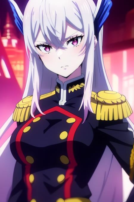 <lora:Kyouka Uzen:0.7> kyouka uzen, long_hair, 1girl, solo, white_hair, red_eyes, hair_between_eyes, large_breasts,   uniform  , military, epaulettes, military_uniform, looking at viewer,, best_quality, highres, extremely_detailed, anime perfect detailed style, 8k, masterpiece, anime art style, anime coloring,