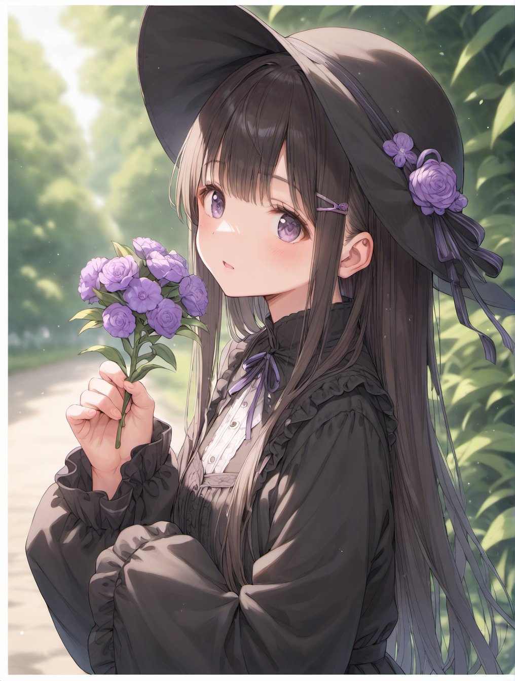 score_9, score_8_up, score_7_up,source_anime,BREAK  1girl,  upper body, , 1girl, black dress, black headwear, blurry, blurry background, border, brown hair, dress, flower, hair ornament, hairclip, hat, holding, holding flower, leaf, long hair, long sleeves, looking at viewer, parted lips, purple eyes, purple flower, solo, white border