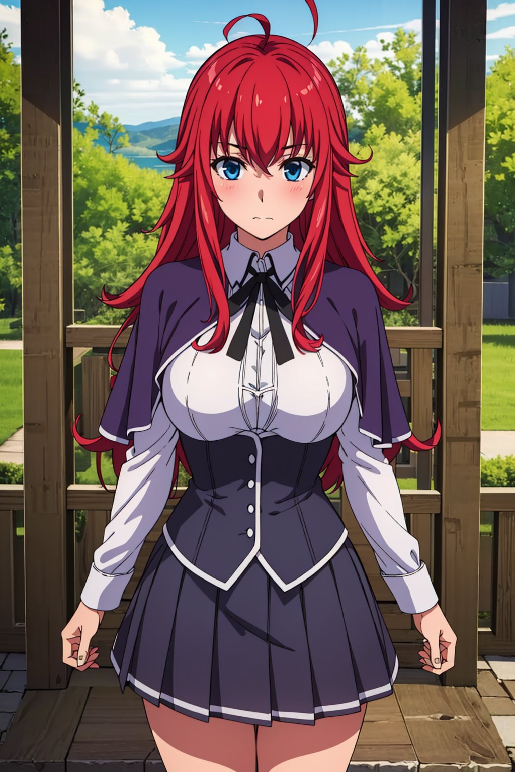 (((masterpiece, best quality, highres))), 1 girl, solo, good hands, looking at viewer, outside, blushing, arms to the side, portrait, standing, round breasts, large breasts,Rias gremory, long red hair, blue eyes, long sleeved white shirt, black button corset, purple pleated skirt, black ribbon, black capelet, ahoge