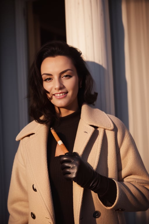 1 girl, alone, long hair, looking at viewer, smile, gloves, holding, colors, ladder, mole, coat, cigarette, smoking, holding a cigarette,LaCocaIS