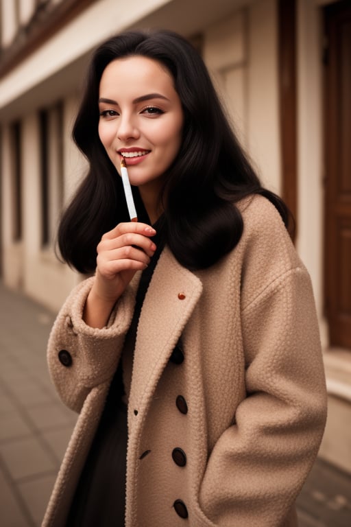 1 girl, alone, long hair, looking at viewer, smile, gloves, holding, colors, ladder, mole, coat, cigarette, smoking, holding a cigarette,LaCocaIS