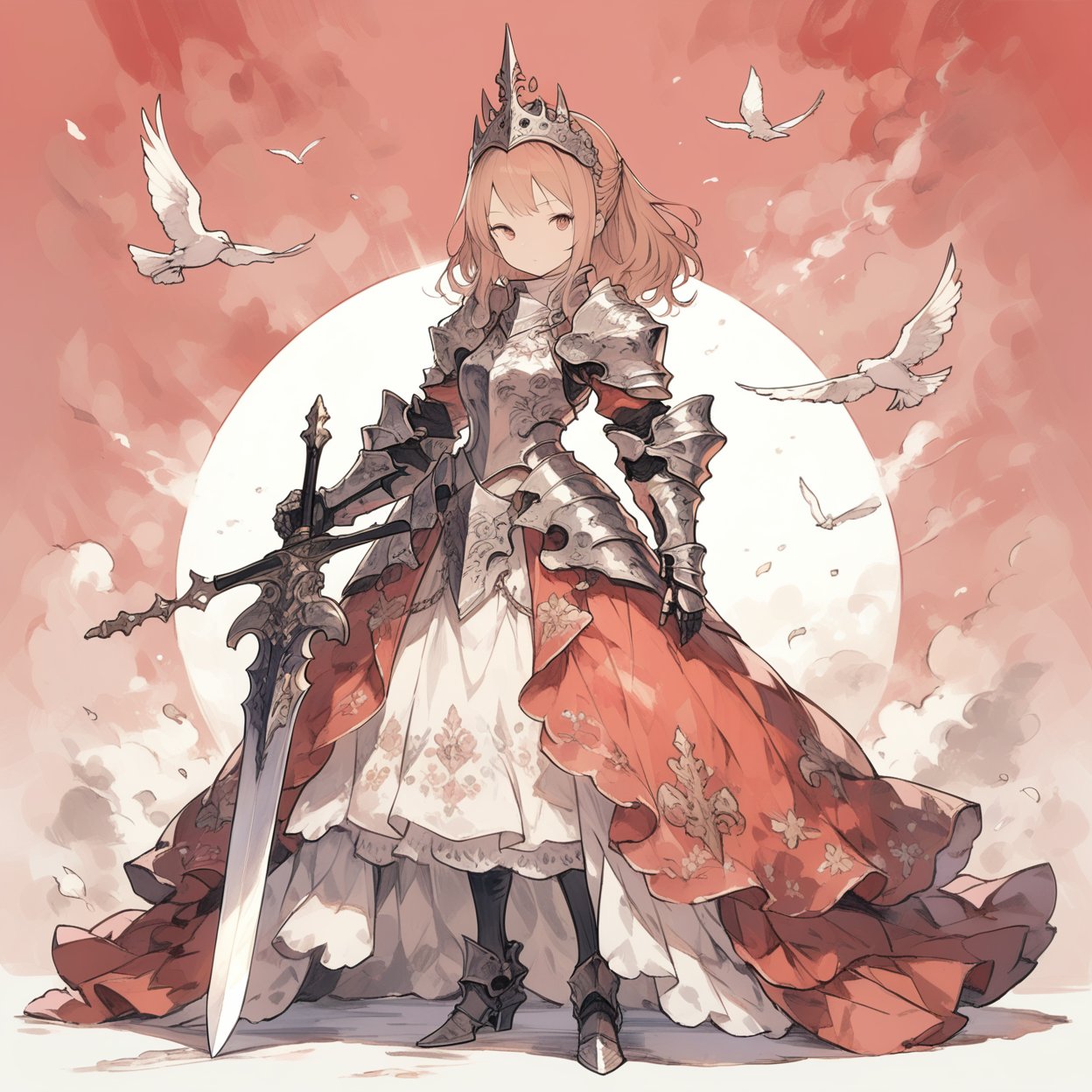 princess knight, red theme, armored dress, holding sword, 
masterpiece, best quality, aesthetic,