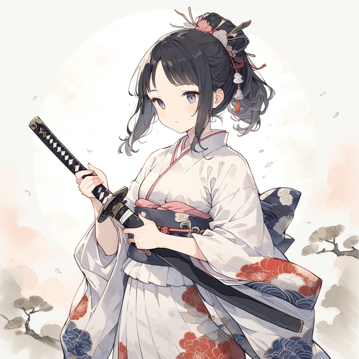 princess, 1girl, holding katana, japanese_clothes, kimono, 
masterpiece, best quality, aesthetic, ukiyo-e, 