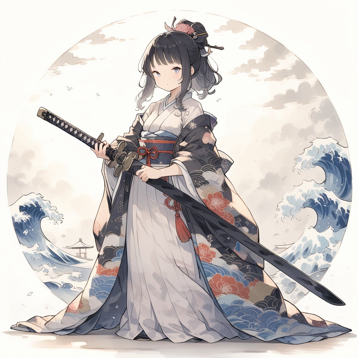 princess, 1girl, holding katana, japanese_clothes, kimono, 
masterpiece, best quality, aesthetic, ukiyo-e, 