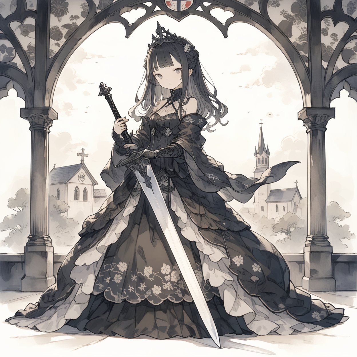 princess, 1girl, holding sword, black theme, gothic dress, church, indoors,
masterpiece, best quality, aesthetic, ukiyo-e, 