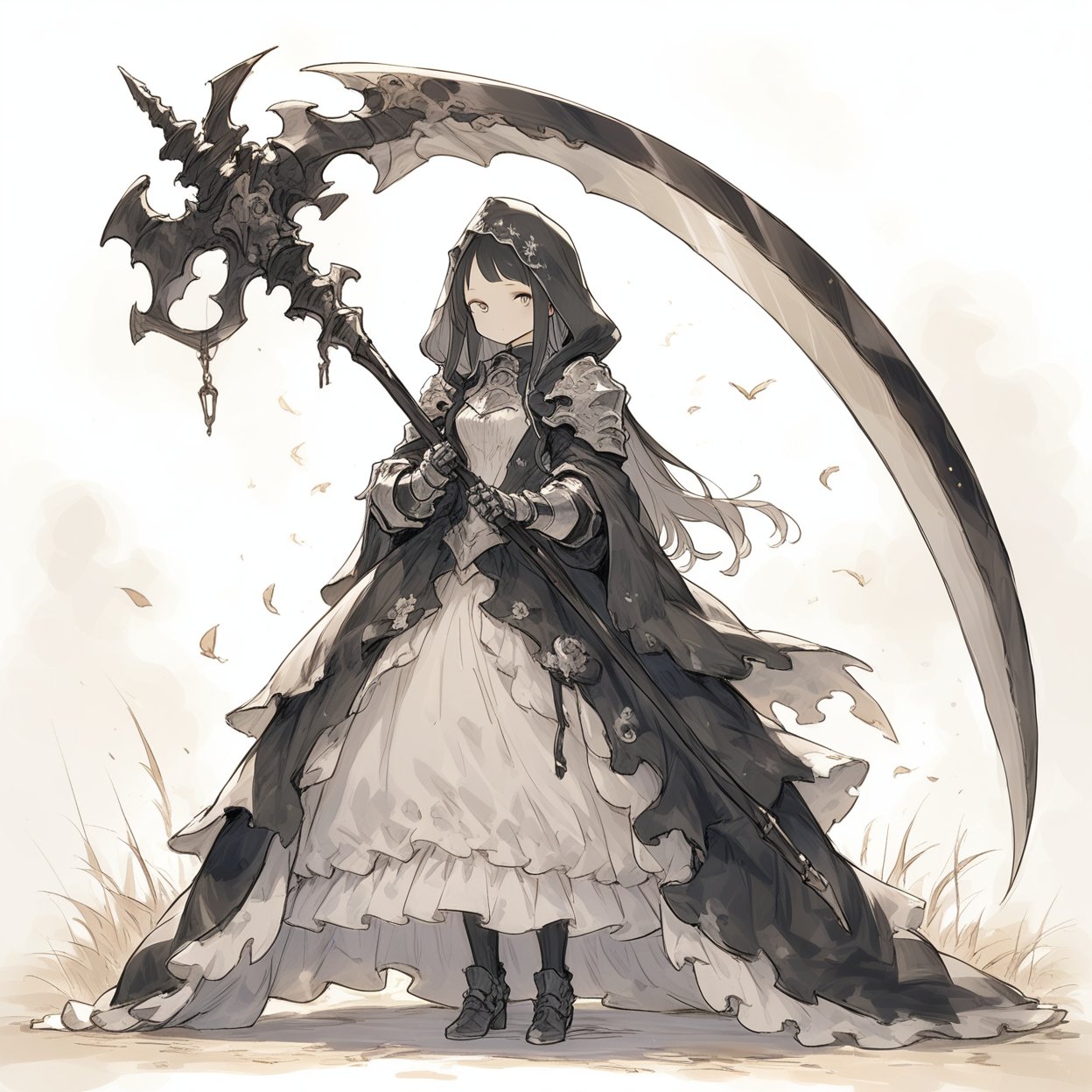 princess, 1girl, gigantic scythe, armor, dress, grim reaper, 
masterpiece, best quality, aesthetic,