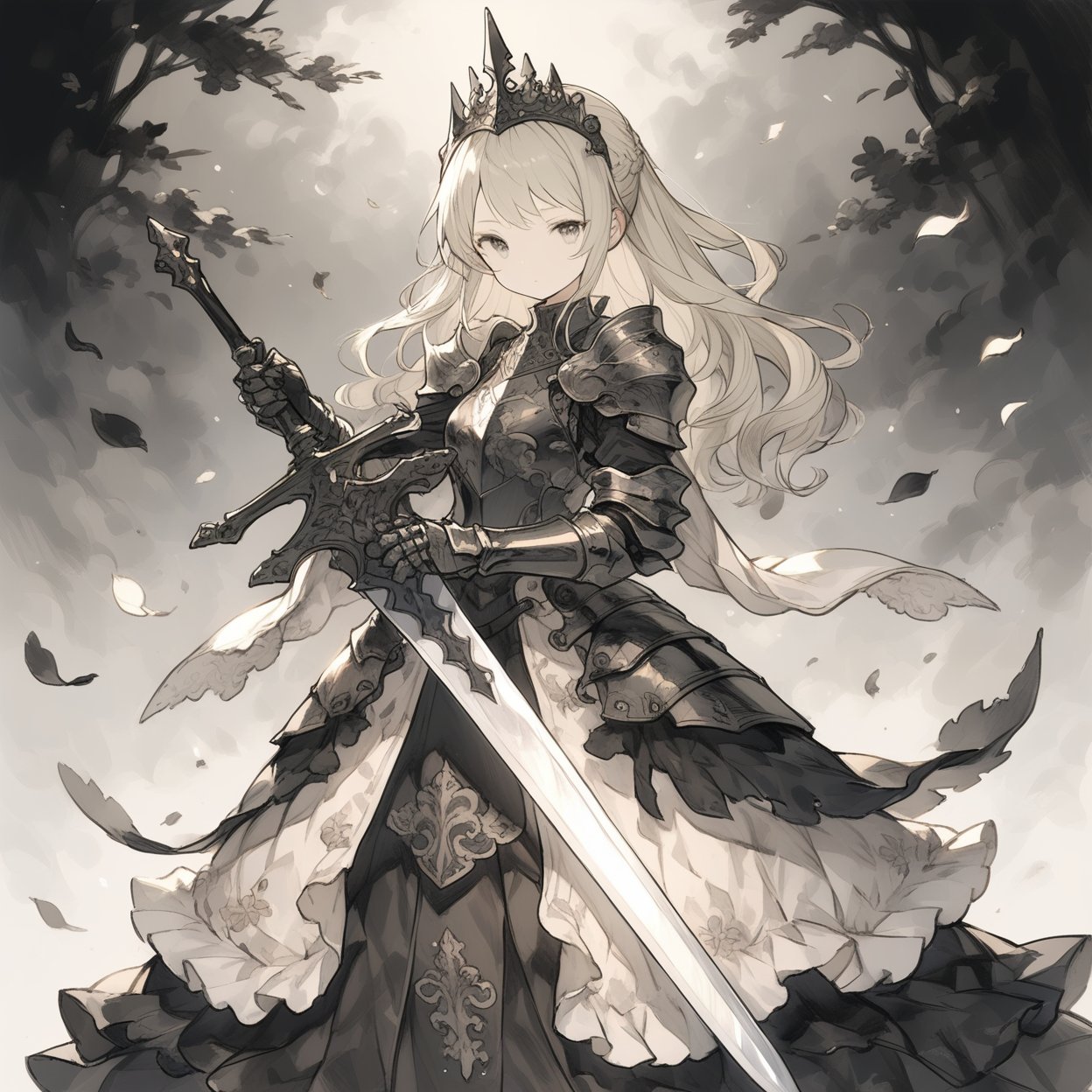princess knight, black theme, armored dress, holding sword, 
masterpiece, best quality, aesthetic,