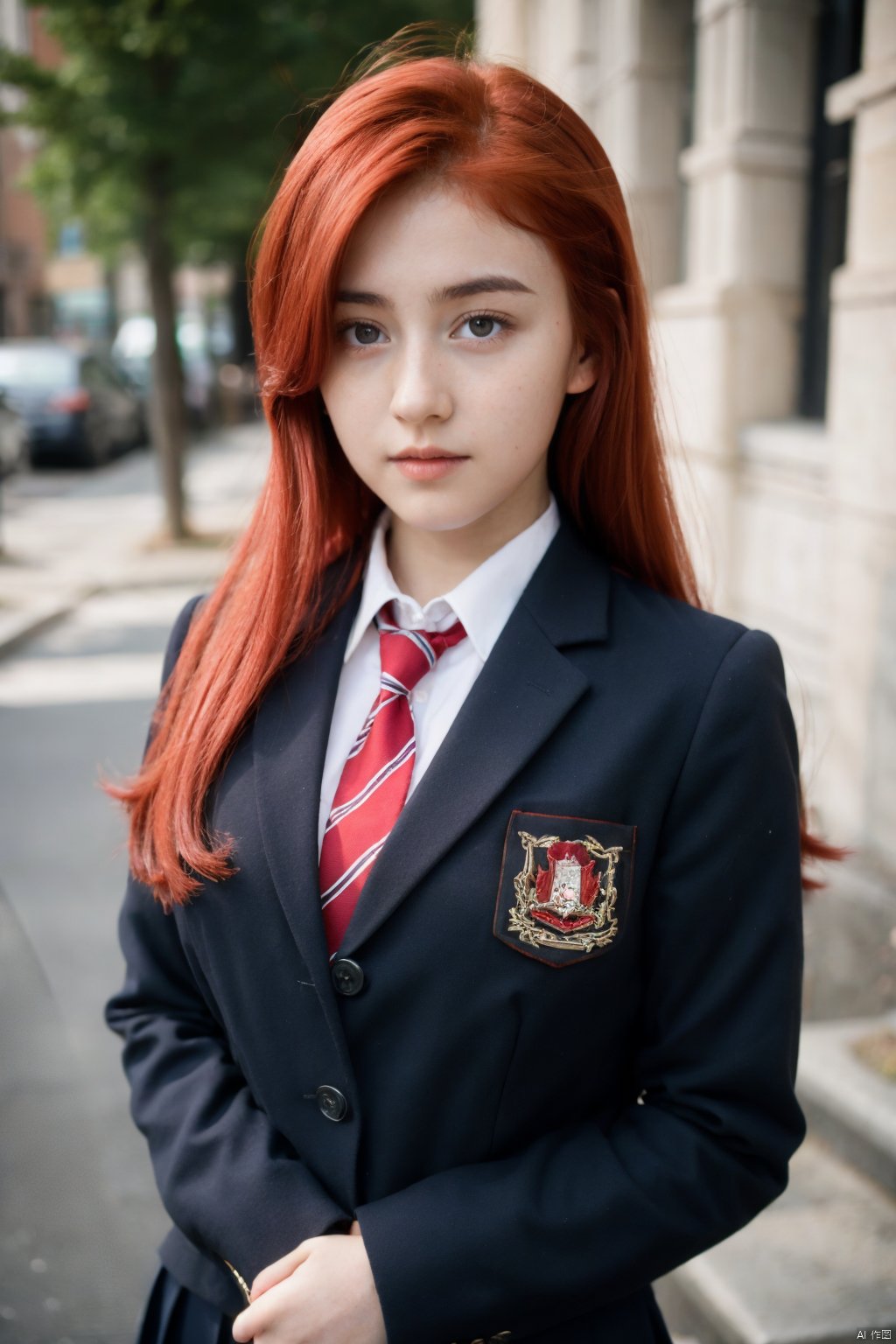 1girl, red hair, hand on own chest, school uniform,