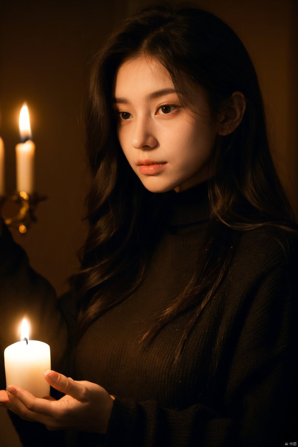 a woman with long hair and a black sweater is holding a candle in her hand and looking at the camera