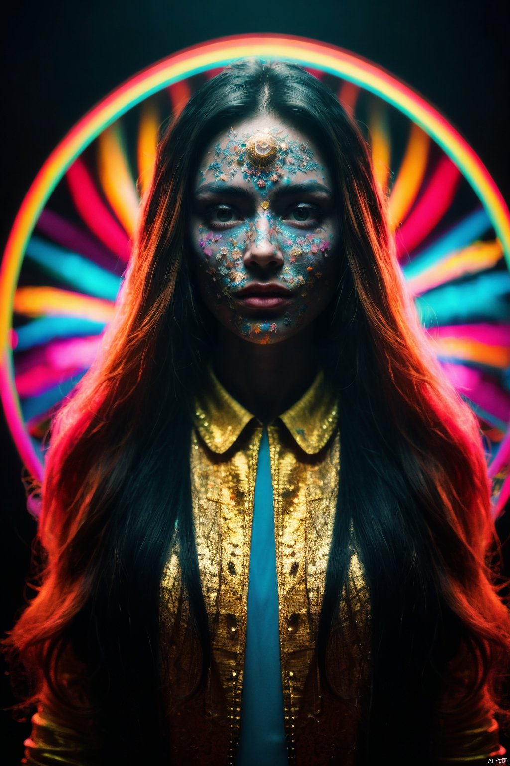 HDR, Vibrant colors, surreal, highly detailed, masterpiece, ultra high res, high contrast, mysterious, cinematic, Film style Psychedelic style 8k portrait of beautiful girl with very long hair,