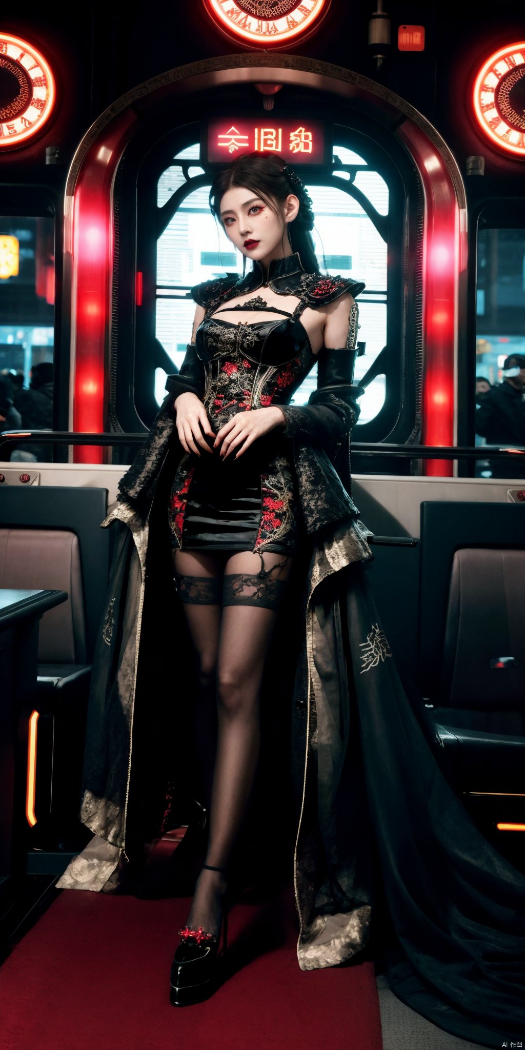 Cyberpunk Noir Movie Style,emitting a sense of sadness,Frightful eyes,Horrific hallucinations,a chinese woman,Ecstatic,dark red lips,Futuristic time traveler dress with clock and gears motifs,(Velvet leggings:hot pants:0.2),armored,brightly lit interior,in a Romantic Goth train station,hdr,4k,bright colors,