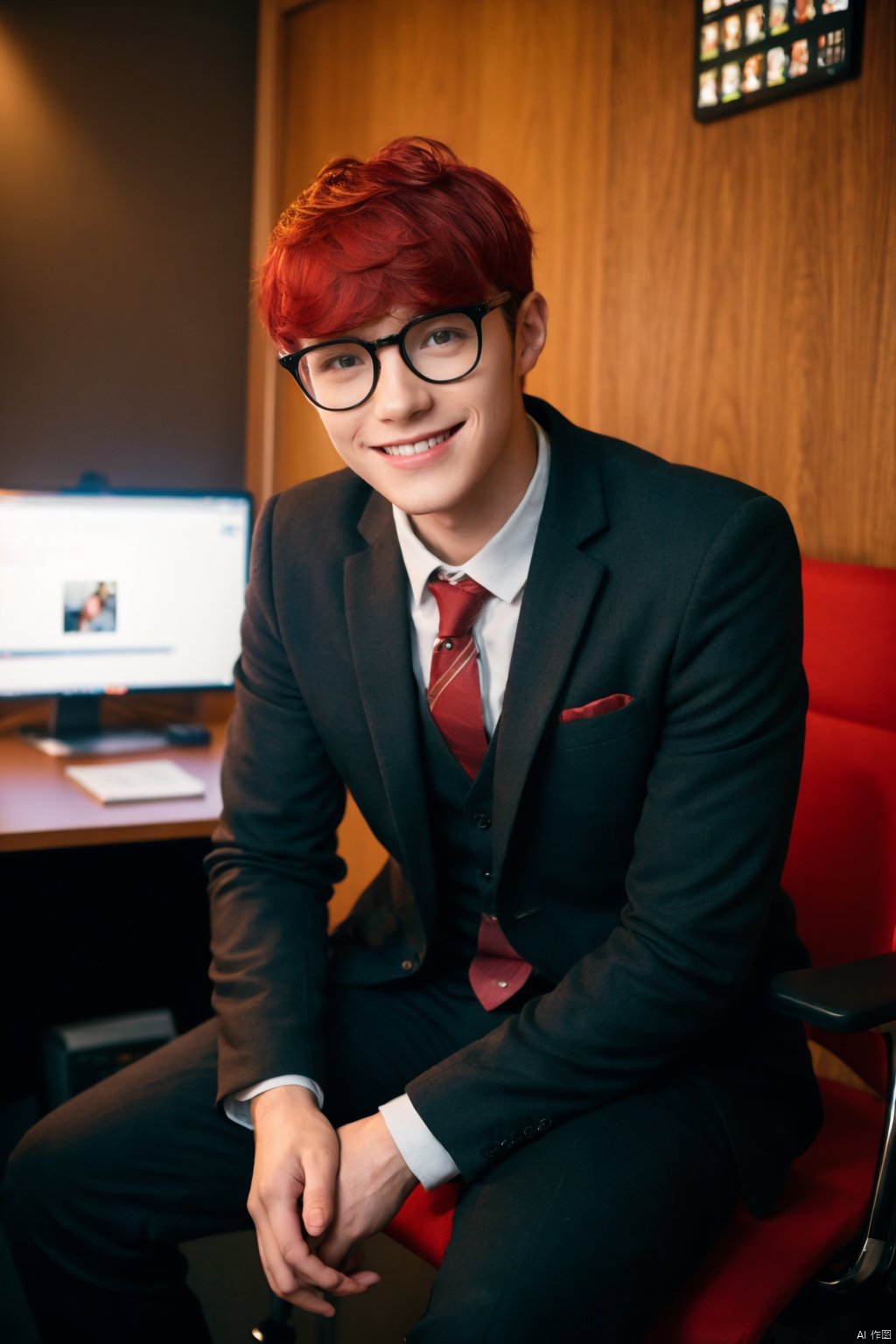 A photo of a young, nerdy man sitting behind a desk, wearing a suit, surrounded by a cozy atmosphere, looking at the viewer. short red hair, smile with the camera, HDR, Vibrant colors, surreal, highly detailed, masterpiece, ultra high res,