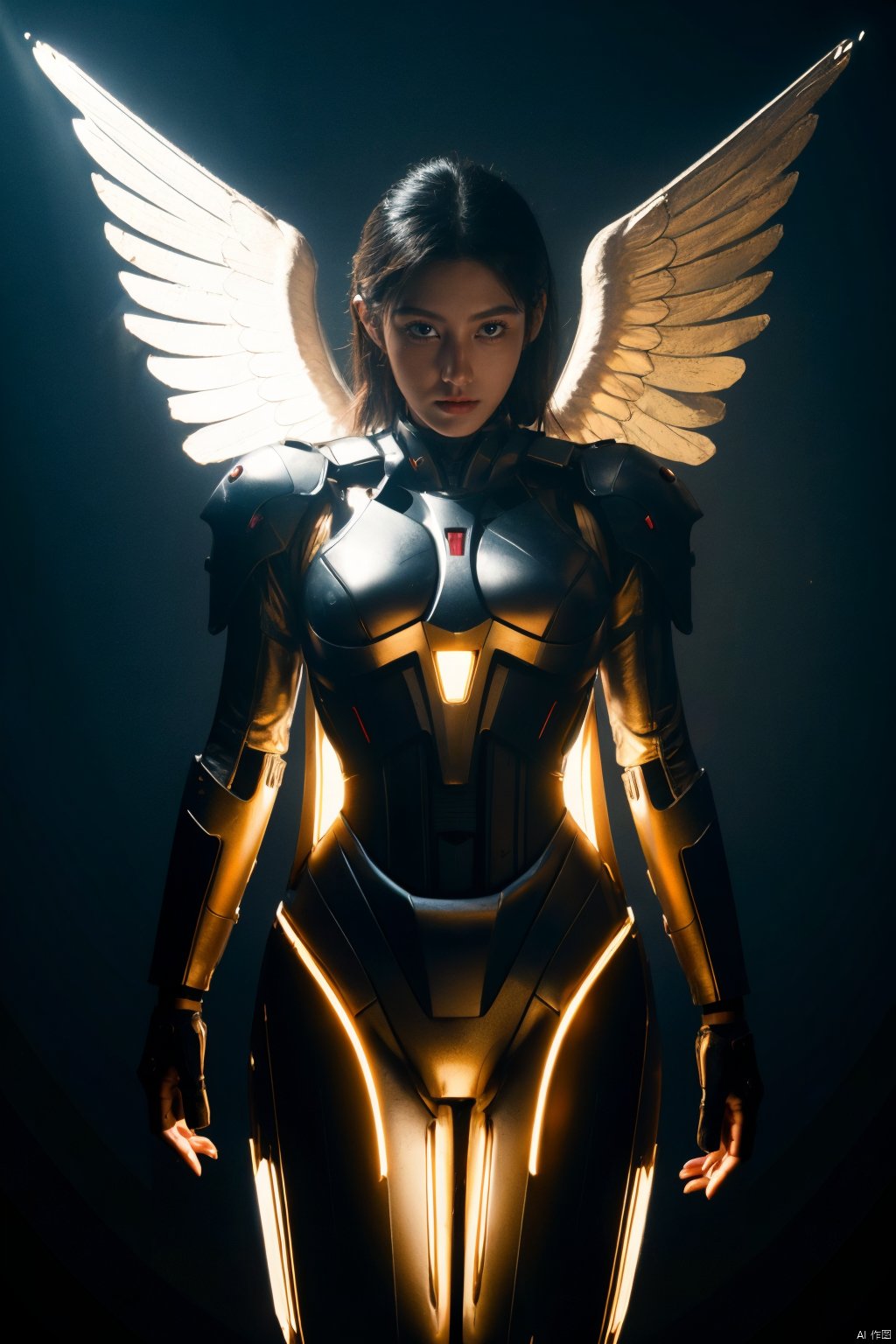 Award-winning work, beautiful angel, light through angel wings, facing the lens, strong light and dark contrast, dramatic lighting, dark tone photos, movie tone, horror atmosphere, high definition, 8k, Sony movie machine shooting,dark, HUBG_Mecha_Armor