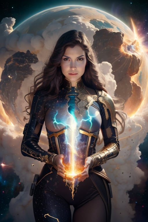 Nebula sorceress A woman with eyes that glow like dying stars, her hands wreathed in nebulous clouds, casting spells that shape the very fabric of space and time,ir_v3, (Front viewing), long sliver hair,glowing gold,ale_v1