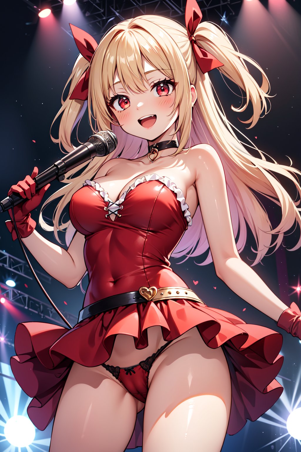 1girl, solo, long hair, breasts, looking at viewer, blush, smile, open mouth, bangs, blonde hair, large breasts, red eyes, gloves, dress, ribbon, holding, cleavage, bare shoulders, underwear, standing, collarbone, panties, hair ribbon, :d, heart, cowboy shot, frills, teeth, choker, red ribbon, strapless, cameltoe, one side up, highleg, ass visible through thighs, red dress, frilled dress, microphone, strapless dress, red gloves, contrapposto, red panties, holding microphone, singing, idol, stage, stage lights