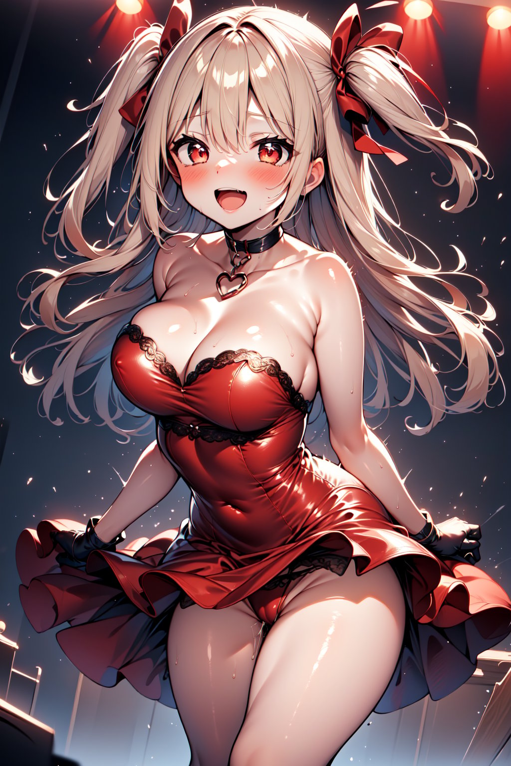 1girl, solo, long hair, breasts, looking at viewer, blush, smile, open mouth, bangs, blonde hair, large breasts, red eyes, gloves, dress, ribbon, holding, cleavage, bare shoulders, underwear, standing, collarbone, panties, hair ribbon, :d, heart, cowboy shot, frills, teeth, choker, red ribbon, strapless, cameltoe, one side up, highleg, ass visible through thighs, red dress, frilled dress, microphone, strapless dress, red gloves, contrapposto, red panties, holding microphone, singing, idol, stage, stage lights,(motion sex)