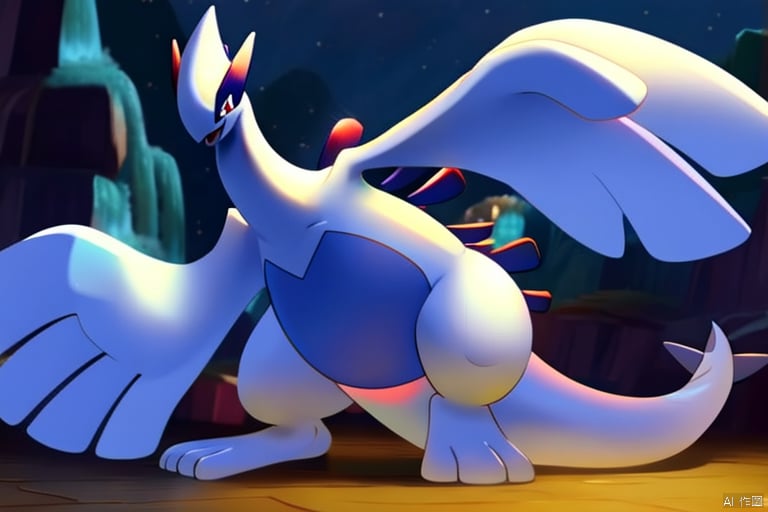 masterpiece,4K,lugia,pokemon \(creature\,lugia,Light blue belly,Blue tail fin,Wings are like a huge hand,3 toes,five fingers,