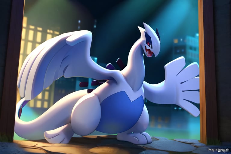 masterpiece,4K,lugia,pokemon \(creature\,lugia,Light blue belly,Blue tail fin,Wings are like a huge hand,3 toes,five fingers,