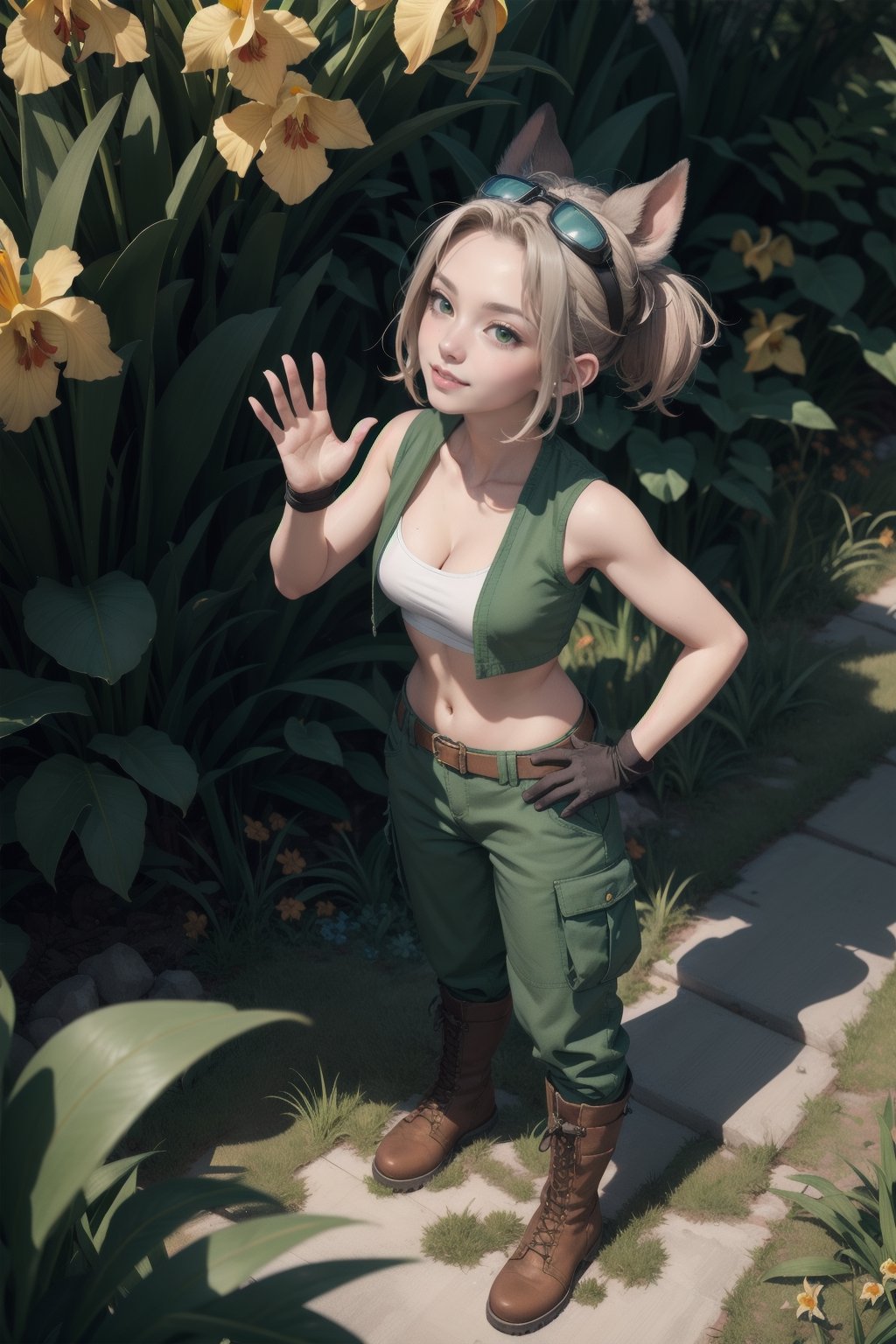 (tristana \(lol\):1), yordle, yellow iris, best quality, shortstack, outdoors, fantasy, cleavage, green cargo pants, green and brown crop top, brown boots, brown fingerless gloves, goggles, waving, green sleeveless jacket, adoration, gazing lovingly, standing, absurd res, sharp focus, looking up at viewer, high angle, wide shot, digital artwork, (by Assasinmonkey:0.7)