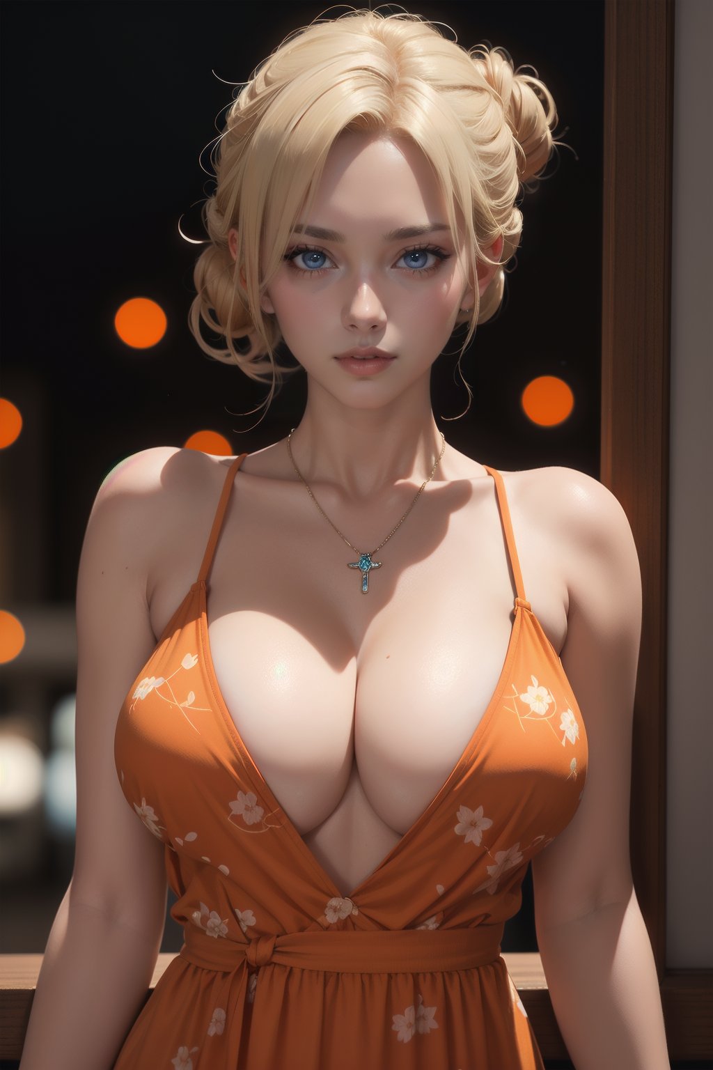 one pretty european girl, solo, blonde hair, (half updo), blue eyes, lips, collarbone, big tits, cleavage, necklace, jewelry, orange patterned dress, looking at viewer, indoor, bokeh, upper body, film grain, cowboy shot, epiCPhoto, , , , , 