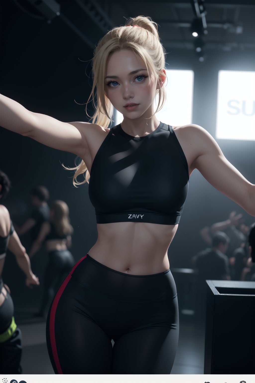 instagram photo, portrait photo of 19 year old girl with blond hair tied in a ponytail :: cropped top :: tight leggings : dancing in a smoky nightclub :: flashing nightlights :: bokeh, perfect detailed eyes, natural skin, hard shadows, film grain :: the sky filled with beams of light and lasers, crop top, zavy-lghttrl, atmospheric haze, dynamic angle, cinematic still, movie screencap, 100mm f/2.8 :: extremely long hair, blonde hair, ::   dark, chiaroscuro, low-key 