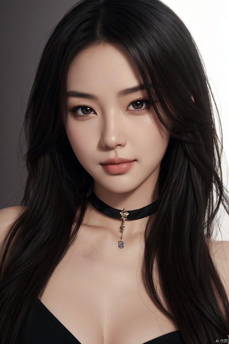  leogirl, cute 1girl,asian,pretty,Charming eyes,exquisite facial features,messy long black hair, lip biting, seductive leaning forward, detailed skin, detailed face, realistic, photorealistic, (studio light:1.2), Artgerm, evil smile, choker,plns,buo,yujie