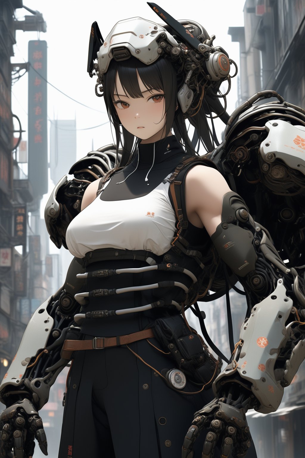 large mechanical arms, 1girl, samurai, cyberpunk, science fiction, city, upper body, (large arms:1.4),
masterpiece, best quality, aesthetic,