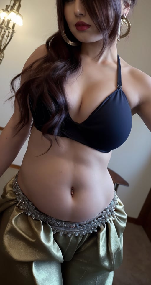 (masterpiece, best quality, ultra-detailed, 8K),High detailed, picture perfect face,blush,,(dark skin:1.3), tan skin, perfect female body,hourglass body shape, big lips, very slim waist, wide hips, (abs), muscular physique, (aqua eyes),(purple mesy hair,ponytail),cute,sexy,alluring,charming,seductive,erotic,GAME_shantae_ownwaifu, underboobs, (red micro top and harem pants),cleavage,bare shoulders,hoop earring,bracer,tiara,fantasy,persia,long hair,preform erotic (belly dance:1.3),perfecteyes,EYEPATCH BIKINI