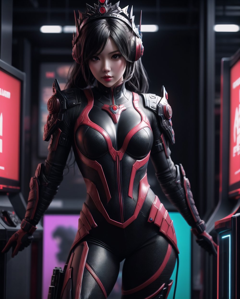 photohyperrealistic, half_body, side low angle shot, looking at viewer, a beautiful girl, black hair, wearing tiara headphone with ''Q'' sign, red and black futuristic obsidian ninja queen suit, obsidian boots, in style of alberto seveso art, neon, dinamic pose, (((big gaming display at background))), highly detailed, hyper realistic, with dramatic polarizing filter, vivid colors, sharp focus, 64K, remarkable color,1 girl, detailed eyes,  