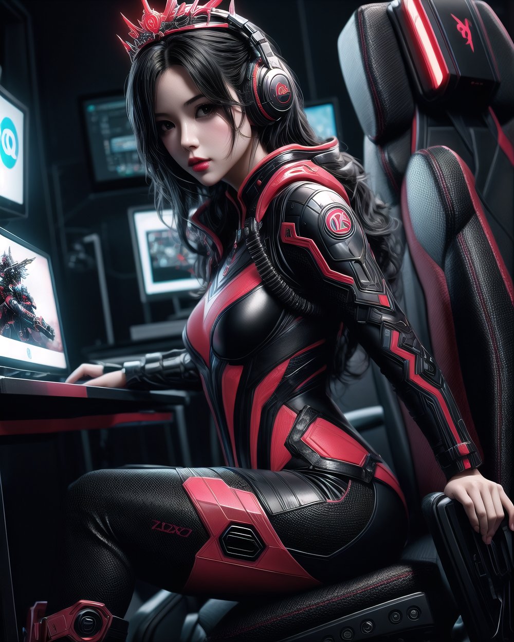 photohyperrealistic, half_body, side low angle shot, looking at viewer, a beautiful girl, black hair, wearing tiara headphone with ''Q'' sign, black and red futuristic obsidian ninja queen suit, obsidian boots, in style of alberto seveso art, neon, dinamic pose, sitting on gaming chair in front of pc, highly detailed, hyper realistic, with dramatic polarizing filter, vivid colors, sharp focus, 64K, remarkable color,1 girl