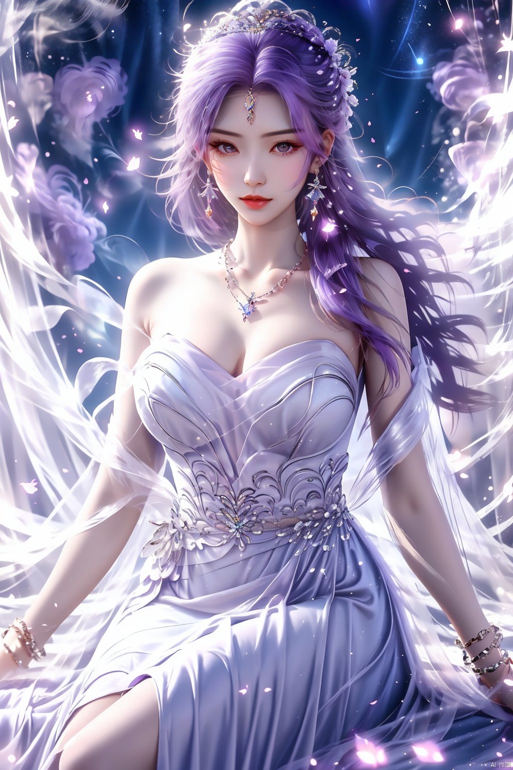 1girl,solo,long hair,breasts,looking at viewer,hair ornament,dress,cleavage,bare shoulders,jewelry,sitting,purple hair,earrings,sky,necklace,white dress,bracelet,petals,beads,stairs,falling petals,, yunxiao