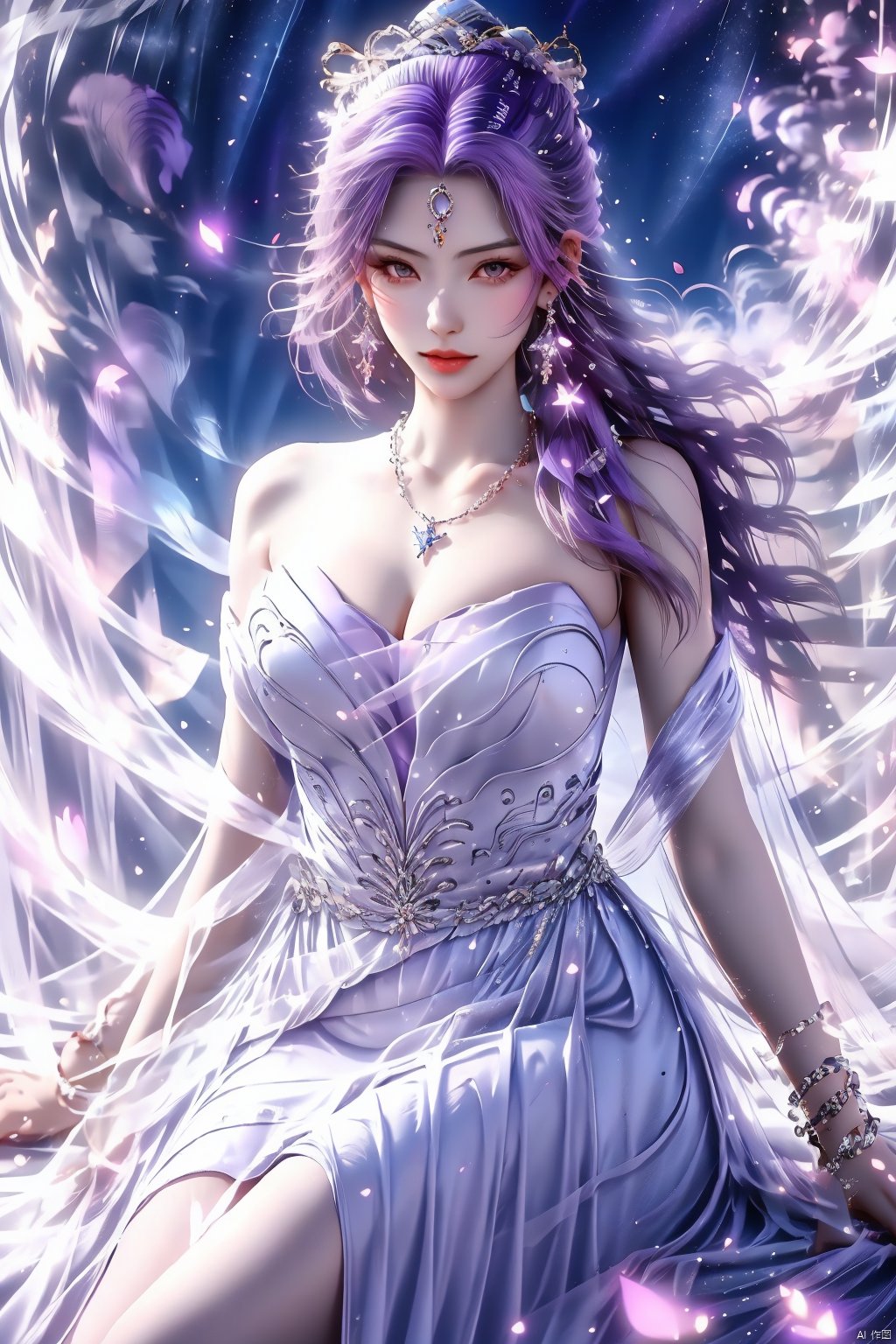 1girl,solo,long hair,breasts,looking at viewer,hair ornament,dress,cleavage,bare shoulders,jewelry,sitting,purple hair,earrings,sky,necklace,white dress,bracelet,petals,beads,stairs,falling petals,