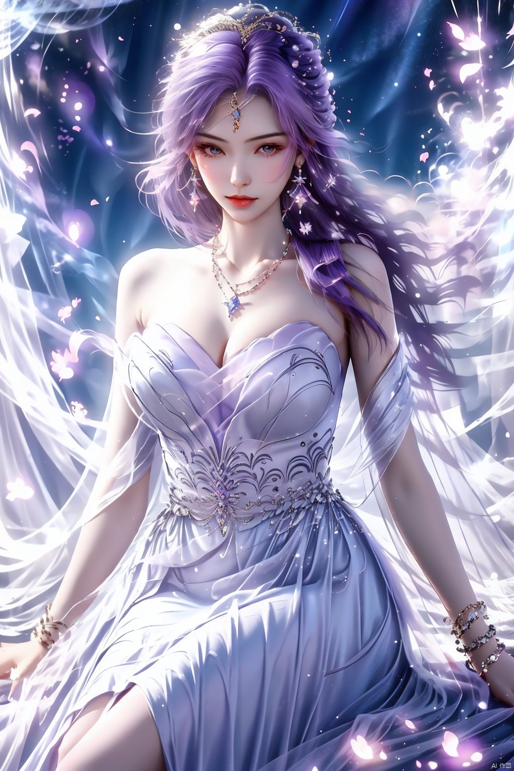 1girl,solo,long hair,breasts,looking at viewer,hair ornament,dress,cleavage,bare shoulders,jewelry,sitting,purple hair,earrings,sky,necklace,white dress,bracelet,petals,beads,stairs,falling petals,