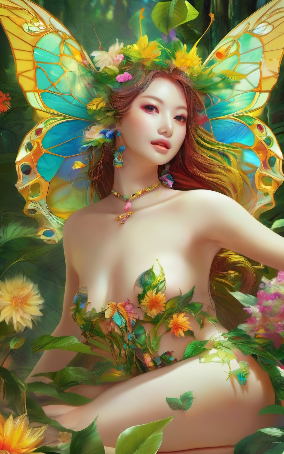 (masterpiece, top quality, best quality, official art, beautiful and aesthetic:1.2), (1girl), extreme detailed,flowers,(fractal art:1.3),colorful,highest detailed, Ancient forest deity, fairy, young girl, silk transparent dress butterfly, sexy smile, sexual pose, with green to yellow leaf vines as hair, ((nude)),((naked)), nsfw , ((upper body:1.4)),show pussy, wide viewing angle, show butt,mecha