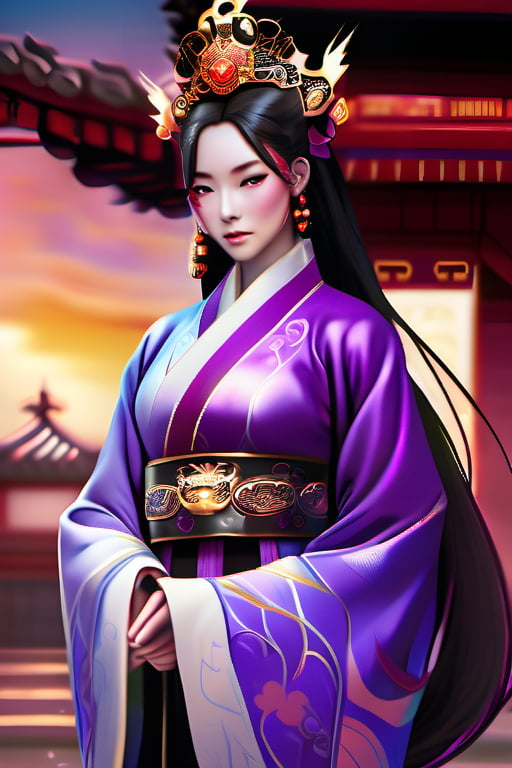 1girl, long hair, black hair, Qing Dynasty empress hair ornament, standing, wings, horns, red sky, clouds, gorgeous purple Hanfu with gold rim, moon, fire, claws, dragon, dragon tail, scales, architecture, East Asian architecture Forbidden City, Two ferocious dark purple oriental dragons spit out purple flames. Empress Dowager Cixi has purple eyes. She holds a luminous pearl (cyan transparent) in one hand and is surrounded by a ball of purple flames. She has many gold jewelry on her body. She has a Chinese-style female crown, big breasts, and dark purple. Peony flower hair accessories,Nice legs and hot body

(long straight black hair with bangs), looking at viewer, (clearly purple eyes), longfade eyebrow,  make up, ombre lips,(huge breasts), busty body, flirting to customer, frosty, (beauty salon theme:1.5), finger detailed, background detailed, ambient lighting, extreme detailed, cinematic shot, realistic illustration, (soothing tones:1.3), (hyperdetailed:1.2), masterpiece,no Excessive text and watermark,Legs crossed normally,Normal feets,normal nipples,Normal body,normal limbs ,nodf_lora,Nice legs and hot body,女孩