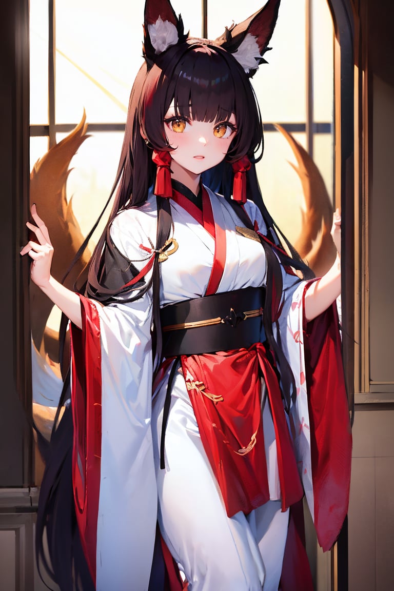 (masterpiece, best quality:1.2), 1girl, solo,Top quality, masterpiece, high resolution, alone, {white kimono:1.35}, {red also:1.35}, {wide sleeve:1.20}, {Akagi_Azur Lane:1.15}, animal_ears, fox_ears , black hair, length hair, bangs, animal ears fluff, yellow eyes, blush, blunt bangs, hair ornaments, brown eyes