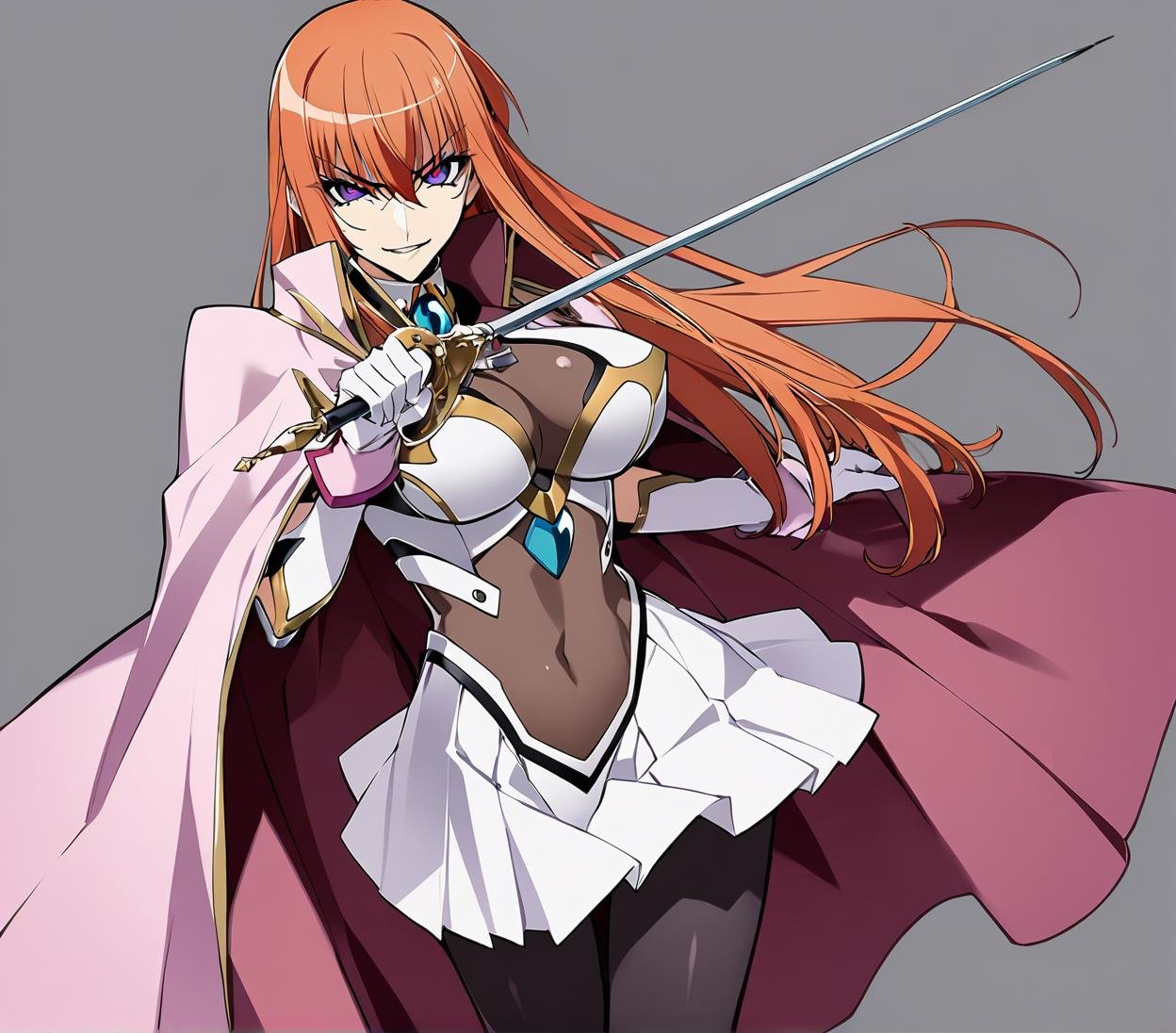 1girl, Maya Cordelia, solo, masterpiece, general, solo, official art, holding rapier, rapier, looking at viewer, v-shaped eyebrows, evil smile, see-through impossible bodysuit, wrist cuffs elbow gloves, black pantyhose, pink cape, white background, simple background, draw by mochizuki kei, <lora:Maya_anV31-000076:0.6>, 