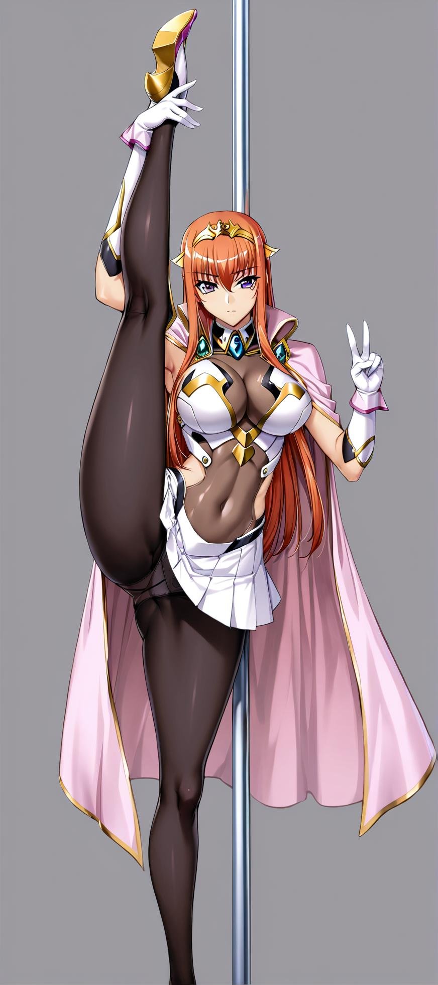 1girl, Maya Cordelia, solo, full body, masterpiece, general, solo, standing on one leg, standing split, hands up, (double v:1.2), looking at viewer, expressionless, closed mouth, tiara, see-through impossible bodysuit, wrist cuffs elbow gloves, black pantyhose, panties under pantyhose, pink cape, stripper pole, white background, simple background, <lora:Maya_anV31-000076:0.6>, 