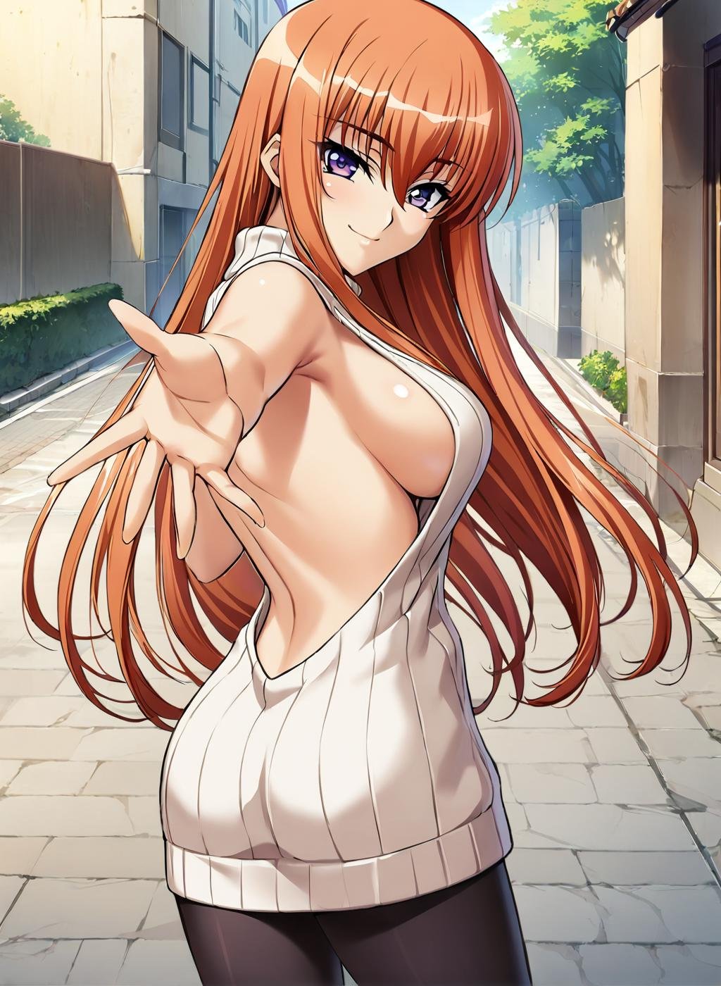 1girl, Maya Cordelia, solo, masterpiece, general, solo, official art, cute face, ribbed turtleneck sweater, sideboob, backless outfit, sweater dress, bare arms, black pantyhose, smile, raised eyebrows, turning head, looking at viewer, (reaching towards viewer:1.1), outdoors, <lora:Maya_anV31-000076:0.67>, 