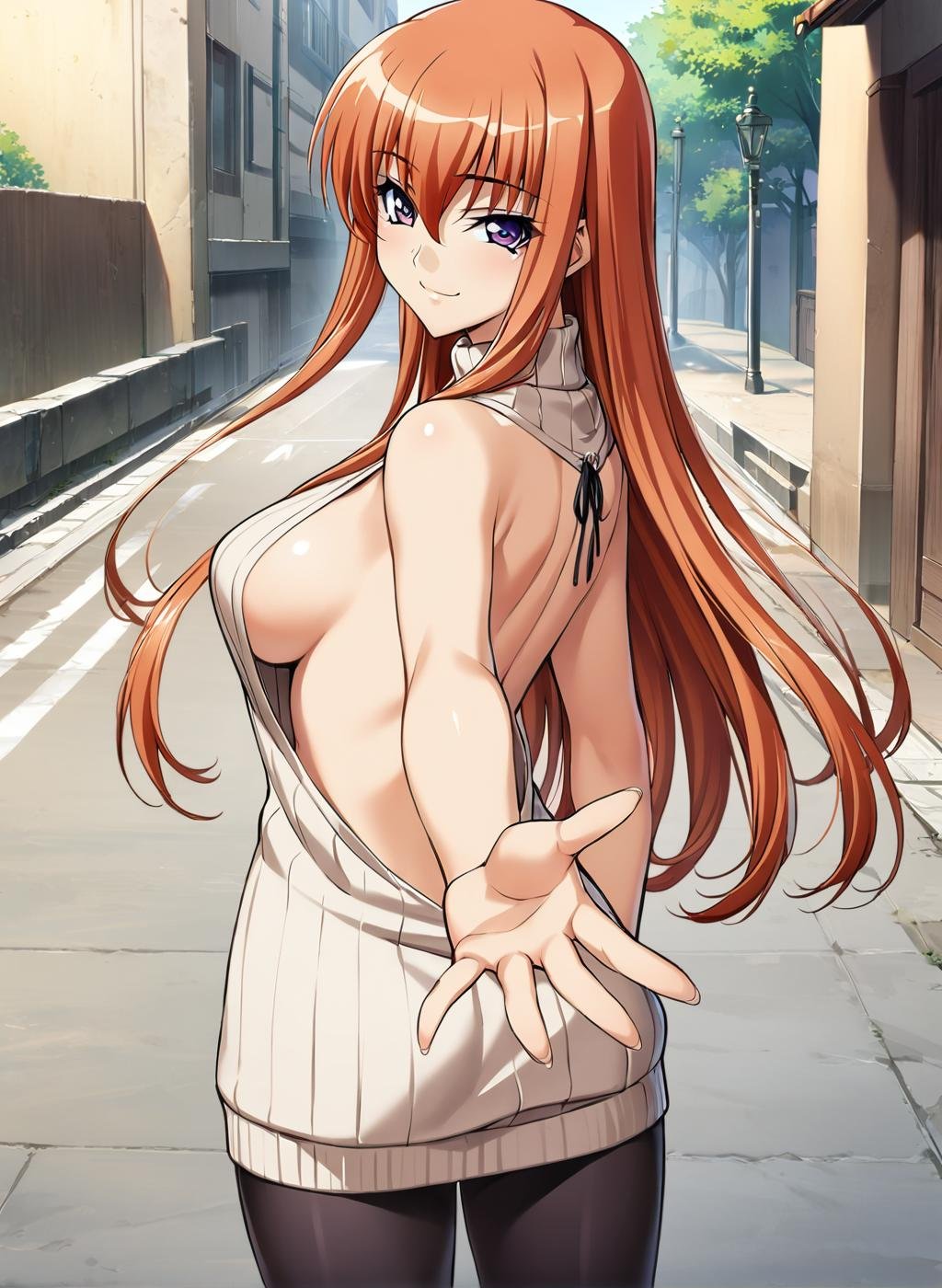 1girl, Maya Cordelia, solo, masterpiece, general, solo, official art, cute face, ribbed turtleneck sweater, sideboob, backless outfit, sweater dress, bare arms, black pantyhose, smile, raised eyebrows, turning head, looking at viewer, (reaching towards viewer:1.1), outdoors, <lora:Maya_anV31-000076:0.6>, 