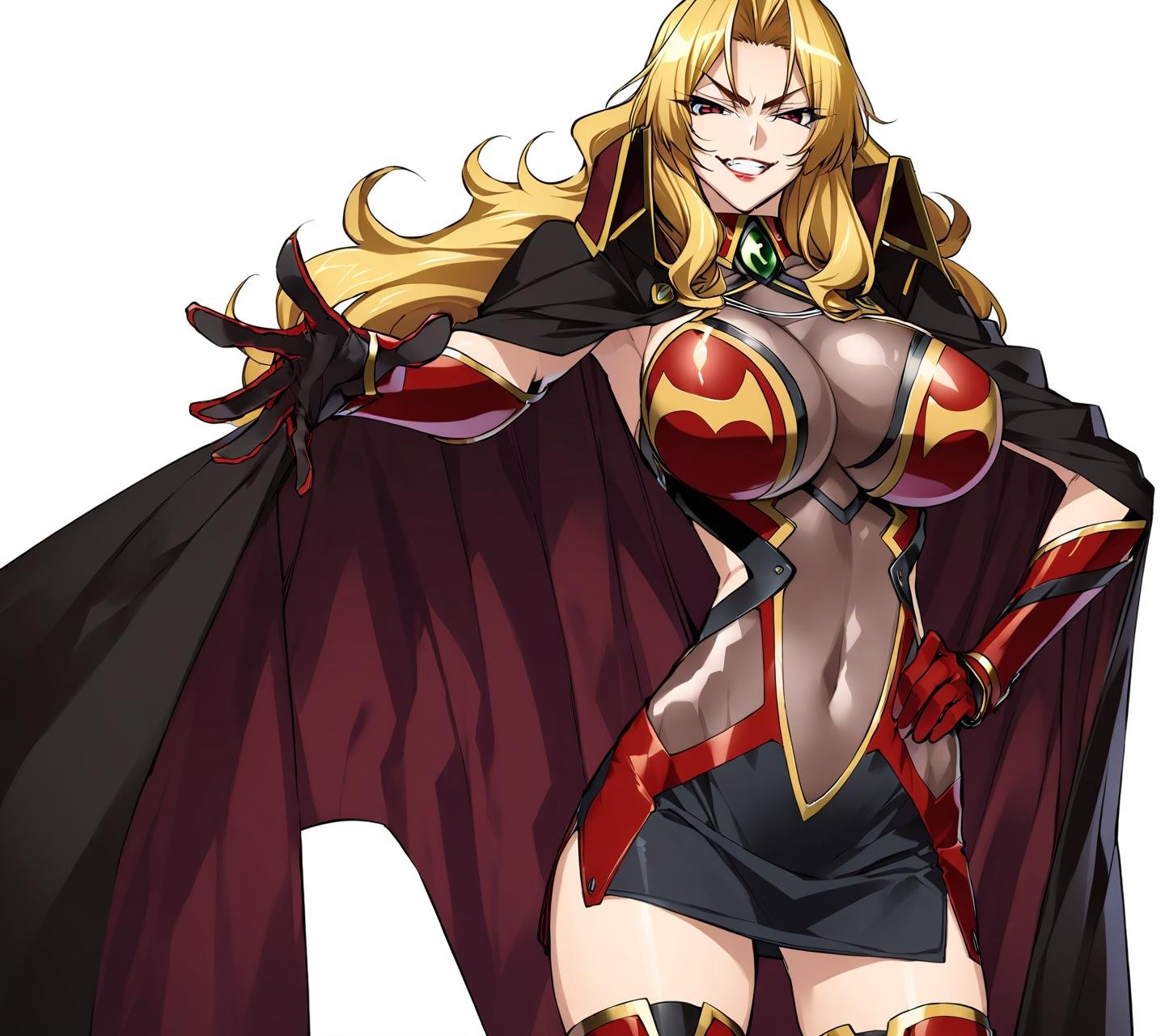 masterpiece, best quality, 1girl, AliciaViewstream, solo, general, official art, standing, contrapposto, looking at viewer, v-shaped eyebrows, outstretched arm, hand on own hip, grin, red lips, v-shaped eyebrows, see-through impossible bodysuit, alicia's thigh boots, alicia's gauntlets, high collar cape, white background, simple background, official art, draw by mochizuki kei, <lora:AliciaViewstream-anxl31:0.7>, 