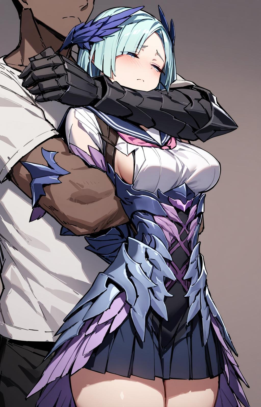 masterpiece, best quality, 1boy, cowboy shot, 1girl, arm strangling, solo focus, brynhildr \(fate\), gauntlets, feather hair ornament, armored dress, pleated dress, medium breasts, sailor collar, looking down, half-closed eyes, furrowed brow, arms behind back, frown, <lora:armstr_anV31-000097:0.7>, 