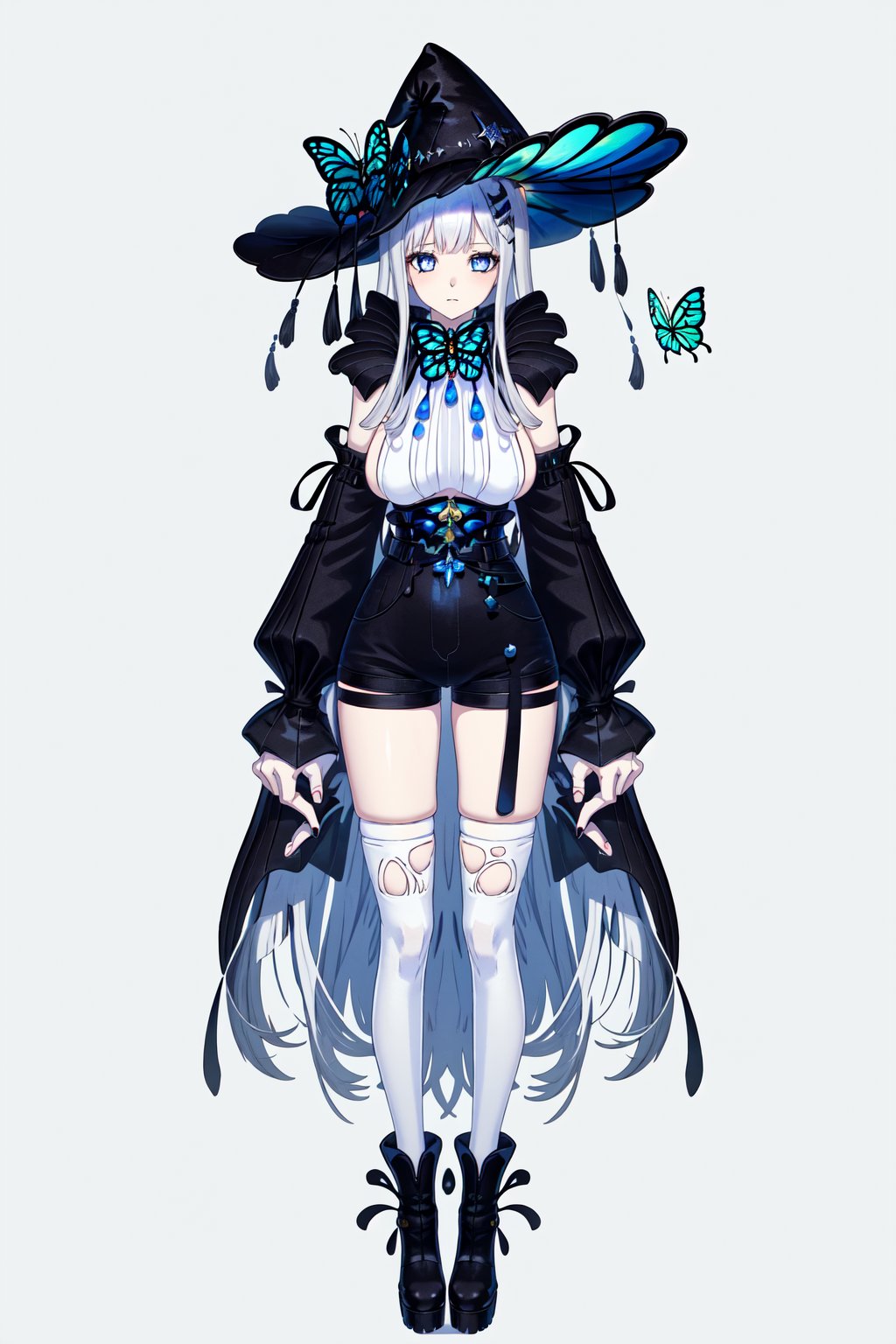 AonoNemo, 1 girl, solo, long hair, breasts, looking at viewer, bangs, blue eyes, large breasts, hair ornament, thighhighs, long sleeves, hat, very long hair, closed mouth, standing, full body, grey hair, boots, shorts, puffy sleeves, black footwear, white thighhighs, see-through, sleeves past wrists, torn clothes, black headwear, witch hat, black shorts, bug, butterfly, sleeves past fingers, high-waist shorts

