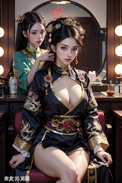 1girl, long hair, black hair, Qing Dynasty empress hair ornament, standing, wings, horns, red sky, clouds, gorgeous purple Hanfu with gold rim, moon, fire, claws, dragon, dragon tail, scales, architecture, East Asian architecture Forbidden City, Two ferocious dark purple oriental dragons spit out purple flames. Empress Dowager Cixi has purple eyes. She holds a luminous pearl (cyan transparent) in one hand and is surrounded by a ball of purple flames. She has many gold jewelry on her body. She has a Chinese-style female crown, big breasts, and dark purple. Peony flower hair accessories,Nice legs and hot body

(long straight black hair with bangs), looking at viewer, (clearly purple eyes), longfade eyebrow,  make up, ombre lips,(huge breasts), busty body, flirting to customer, frosty, (beauty salon theme:1.5), finger detailed, background detailed, ambient lighting, extreme detailed, cinematic shot, realistic illustration, (soothing tones:1.3), (hyperdetailed:1.2), masterpiece,no Excessive text and watermark,Legs crossed normally,Normal feets,normal nipples,Normal body,normal limbs ,nodf_lora,Nice legs and hot body,女孩,清朝