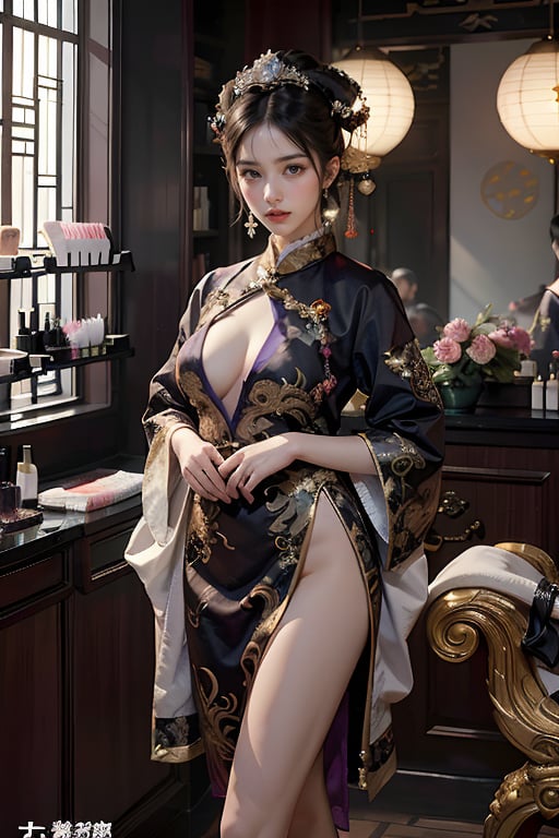 1girl, long hair, black hair, Qing Dynasty empress hair ornament, standing, wings, horns, red sky, clouds, gorgeous purple Hanfu with gold rim, moon, fire, claws, dragon, dragon tail, scales, architecture, East Asian architecture Forbidden City, Two ferocious dark purple oriental dragons spit out purple flames. Empress Dowager Cixi has purple eyes. She holds a luminous pearl (cyan transparent) in one hand and is surrounded by a ball of purple flames. She has many gold jewelry on her body. She has a Chinese-style female crown, big breasts, and dark purple. Peony flower hair accessories,Nice legs and hot body

(long straight black hair with bangs), looking at viewer, (clearly purple eyes), longfade eyebrow,  make up, ombre lips,(huge breasts), busty body, flirting to customer, frosty, (beauty salon theme:1.5), finger detailed, background detailed, ambient lighting, extreme detailed, cinematic shot, realistic illustration, (soothing tones:1.3), (hyperdetailed:1.2), masterpiece,no Excessive text and watermark,Legs crossed normally,Normal feets,normal nipples,Normal body,normal limbs ,nodf_lora,Nice legs and hot body,女孩,清朝