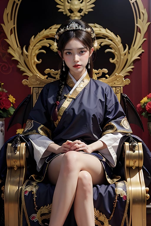 1 girl, long hair, black hair, Qing Dynasty aristocratic female hair accessories are very gorgeous covered with various gemstones and gold, sitting on the dragon chair, dragon wings, horns, red sky, black clouds, gorgeous red background with gold rim on it Embroidered Hanfu with phoenix, long black water sleeves at the cuffs, moon, flames all over the palace, claws, dragon, dragon tail, scales, architecture, East Asian architecture Forbidden City, Eastern dragon, Empress Dowager Cixi, purple eyes, luminous pearls on the palms covered by purple flames Surrounded by a lot of gold jewelry, the whole body is filled with purple evil spirit, nodf_lora
(long straight grown hair with bangs),(clearly grown eyes),looking at viewer,longfade eyebrow, soft make up, ombre lips,
perfect skin,(huge breasts),busty body,, slender legs,frosty,(beauty salon theme:1.5),Hands on hips,
finger detailed,hand detailed,feet detailed,toes detailed,                                          background detailed, ambient lighting, extreme detailed, cinematic shot, realistic illustration, 
(soothing tones:1.3), (hyperdetailed:1.2), masterpiece,  

(RAW photo, best quality), (realistic, photo-Realistic:1.3), best quality, masterpiece, beautiful and aesthetic, 16K, (HDR:1.4), high contrast, (vibrant color:1.4), (muted colors, dim colors, soothing tones:0), 
cinematic lighting, ambient lighting, sidelighting, Exquisite details and textures, cinematic shot, Warm tone, full body(Bright and intense:1.2), (masterpiece, top quality, best quality, official art, beautiful and aesthetic:1.2), 
hdr, high contrast, wideshot(highly detailed skin: 1.2),
sun exposure,outdoor,tranquility,                                                               氣氛
Normal feets,feets with socks,
Legs crossed normally,hands crossed normally,Normal feets,normal nipples,Normal body,normal limbs,Normal ass,normal toes
No missing limbs,no Excessive text and watermark,清朝,宮廷