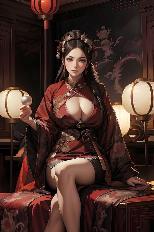 1girl, long hair, black hair, Qing Dynasty empress hair ornament, standing, wings, horns, red sky, clouds, gorgeous purple Hanfu with gold rim, moon, fire, claws, dragon, dragon tail, scales, architecture, East Asian architecture Forbidden City, Two ferocious dark purple oriental dragons spit out purple flames. Empress Dowager Cixi has purple eyes. She holds a luminous pearl (cyan transparent) in one hand and is surrounded by a ball of purple flames. She has many gold jewelry on her body. She has a Chinese-style female crown, big breasts, and dark purple. Peony flower hair accessories,Nice legs and hot body

(long straight black hair with bangs), looking at viewer, (clearly purple eyes), longfade eyebrow,  make up, ombre lips,(huge breasts), busty body, flirting to customer, frosty, (beauty salon theme:1.5), finger detailed, background detailed, ambient lighting, extreme detailed, cinematic shot, realistic illustration, (soothing tones:1.3), (hyperdetailed:1.2), masterpiece,no Excessive text and watermark,Legs crossed normally,Normal feets,normal nipples,Normal body,normal limbs ,nodf_lora,Nice legs and hot body,清朝