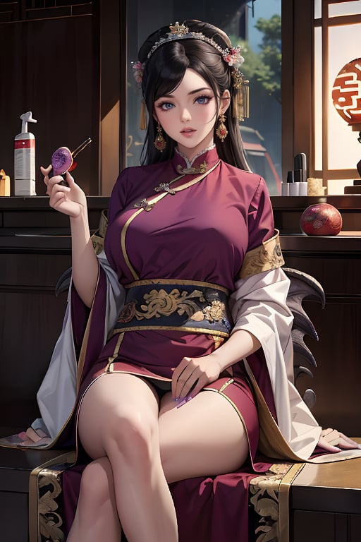 1girl, long hair, black hair, Qing Dynasty empress hair ornament, standing, wings, horns, red sky, clouds, gorgeous purple Hanfu with gold rim, moon, fire, claws, dragon, dragon tail, scales, architecture, East Asian architecture Forbidden City, Two ferocious dark purple oriental dragons spit out purple flames. Empress Dowager Cixi has purple eyes. She holds a luminous pearl (cyan transparent) in one hand and is surrounded by a ball of purple flames. She has many gold jewelry on her body. She has a Chinese-style female crown, big breasts, and dark purple. Peony flower hair accessories,Nice legs and hot body

(long straight black hair with bangs), looking at viewer, (clearly purple eyes), longfade eyebrow,  make up, ombre lips,(huge breasts), busty body, flirting to customer, frosty, (beauty salon theme:1.5), finger detailed, background detailed, ambient lighting, extreme detailed, cinematic shot, realistic illustration, (soothing tones:1.3), (hyperdetailed:1.2), masterpiece,no Excessive text and watermark,Legs crossed normally,Normal feets,normal nipples,Normal body,normal limbs ,nodf_lora,Nice legs and hot body,女孩,清朝