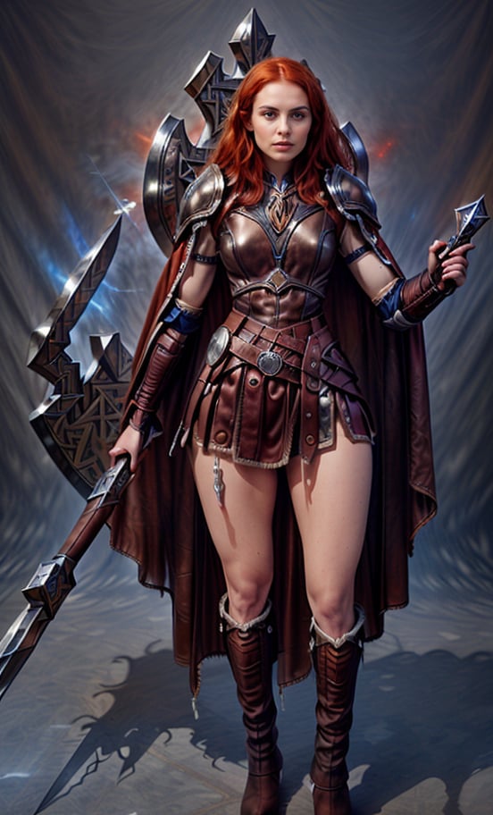 
(masterpiece, best quality:1.2), Character design, ((1 girl, solo)), viking warrior, slim body, medium chest, skinny waist, ((long red hair)). blue eyes. (((leather armor))), ((large skirt)), (belt), (((boots, intricate details))), (((lfur cape))), (((advanced weapon fantasy plasma sword in right hand))), (((shield viking left hand))), (standing), (((front view))), plain gray background, masterpiece, HD high quality, 8K ultra high definition, ultra definition,Masterpiece